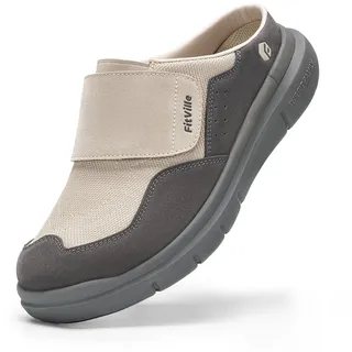 FitVille Senioren Hausschuhe Extra Weit Slipper Herren mit Klettverschluss Bequeme Pantoffeln Männer mit Fußgewölbestütze Beige/Grau 47 EU Weit - 47 EU Weit