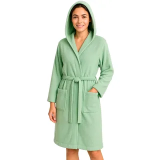 heimtexland ® Bademantel Damen Waffelpique Saunamantel Frottier Kapuze 100% Baumwolle OEKO-TEX schnelltrocknend saugfähig hautfreundlich Typ915 grün L - L