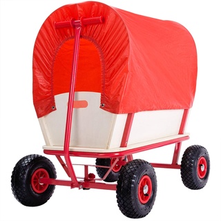 monzana® Bollerwagen Holz bis 180 kg mit Dach Luftreifen Stabil Robust Stahl Allround Handwagen Gartenwagen Strandwagen Leiterwagen Transportwagen Rot