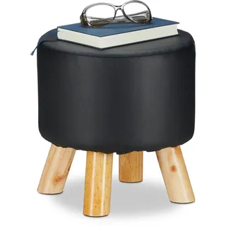 Relaxdays Hocker Kunstleder, gepolstert, 4 Holzbeine, Flacher Fußhocker, runder Dekohocker, H x D: 30 x 30 cm, schwarz, Größe, 10025736_46