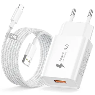 USB Ladegerät mit Nylon Ladekabel USB C 2M, 18W QC 3.0 Netzteil USB Stecker Schnellladegerät Netzstecker USb Charger Ladeadapter für Samsung S10e/S10/S10+/S9+/S9/A40s/A40/A14/A13,iPhone,Huawei, Xiaomi