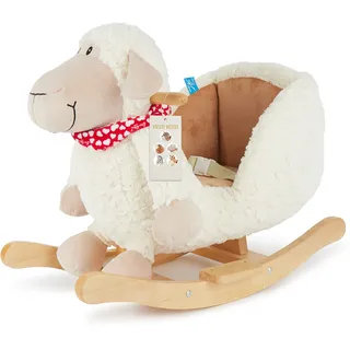 Bieco Plüsch Schaukeltier Schaf | Kinder Schaukelstuhl mit Sicherheitsgurt | Baby Schaukel | Schaukel Kleinkind | Schaukeltier Baby Zimmer | Schaukelwippe ab 9 Monate | Schaukelpferd Holz
