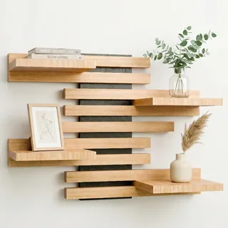 Qoka Crafts Wandregal Holz Schweberegal Hängend Massivholz (Schwarz) | Modulares Bücherregal Set, kleines Küchenregal und Wandboard für Wohnzimmer, Küche, Bad. Regalbrett Wanddeko für Pflanzen