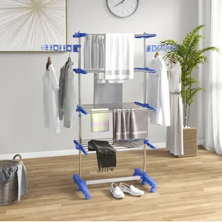 Mobiler Klappbarer Waeschestaender Aus Edelstahl In Blau Mit 6 Rollen, 2 Ebenen, Fuer Platzsparende Nutzung Im Innenbereich, 142 X 55 X 172 Cm