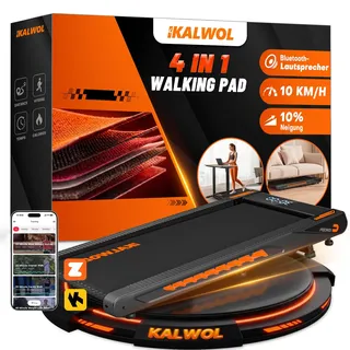 KALWOL Walking Pad mit Bluetooth Lautsprecher, 4 in 1 10km/h Laufband für Zuhause mit 10% Steigung, 2,75 HP bürstenloser Treadmill für Zuhause & Büro mit LED-Display, 12 HIIT-Programme, Bis 160 kg