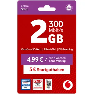 Vodafone Prepaid CallYa Start | 2 GB | 5 EUR Startguthaben | ohne Vertrag | 5G-Netz | Telefon- SMS-Flat | EU-Roaming