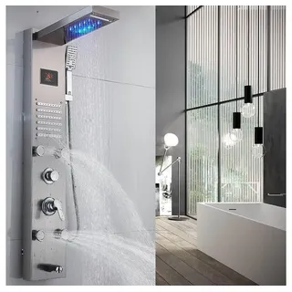 XIIW Duschsystem 6Funktion Duschpaneel mit Armatur LED Duschsäule Duscharmatur Duschset, 7 Strahlart(en), Gebürstetem Edelstahl, Massagedüsen Wannenauslauf silberfarben