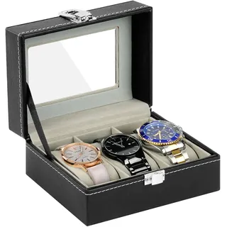 OFFCUP Uhrenbox mit 3 Fächern, Uhrenkasten mit Glasdeckel, Uhrenkoffer mit Herausnehmbaren Uhrenkissen, Metallverschluss, Uhrenschatulle aus PU für Schmuck, Ringe, Armbänder und Halsketten, Schwarz