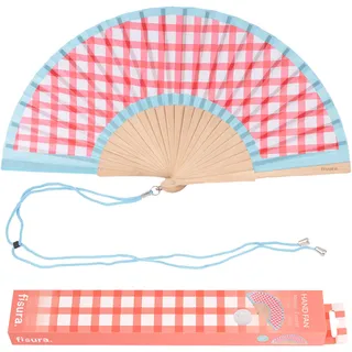 Fisura – Handfächer aus Holz mit Vichy-Karomuster. Modisches, farbenfrohes Accessoire, tragbarer rosa Fächer mit praktischem Aufhänger. Maße: 42,5 x 23 cm