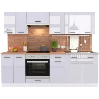 FIWODO Küche mit Elektrogeräten - ERWEITERBAR - Küchenzeile, Einbauküche in Farbe: HELLGRAU GLANZ, 240cm, mit Spülbecken, Mischbatterie, Herd, Backofen, Abzugshaube, NEUWARE mit GARANTIE