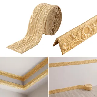 KAHCOP Bordüre Selbstklebend, Wandbordüre 4,5m x 10cm x 8mm, Rokoko-Stil Zierleisten, Wasserdicht 3D Tapetenbordüre für Flur, Decke, Ecke, Linie (Gold)
