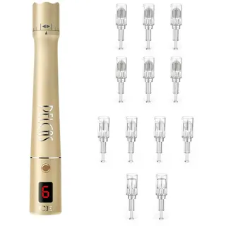 PELCAS Kabelloser Derma Pen Elektrischer Mikronadelstift Mikronadel Schönheit Pen Kabelloser Mikronadel Stift Microneedling Pen mit LCD-Display & 6 Geschwindigkeitsstufen inkl. 12 Nadelköpfe