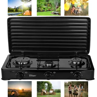 Gaskocher Camping & Outdoor 3-Flammig Gaskochfeld 30-50mbar Gasherdplatte Gas Kochplatte - abnehmbarer Deckel -Campingkocher für Gasflasche