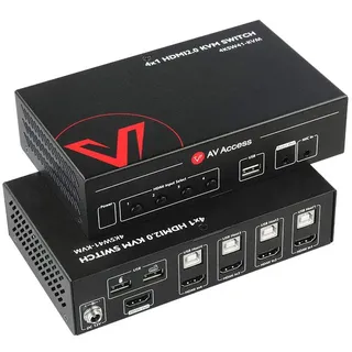 AV Access 4 Port KVM Switch 4K@60Hz /1080p@240Hz /2560x1440@144Hz, KVM Umschalter HDMI 2.0 mit HDR10 und 3D, 18Gbps Zero Latency für 4PCs, HDCP 2.2, USB 2.0 Ports für Maus, Tastatur, Drucker etc.