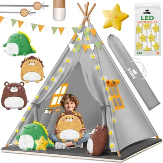 KIDIZ® Tipi Zelt für Kinder Spielzelt 100x100x160cm Kinderzelt aus Baumwolle mit LED-Lichterkette, Leuchtstern, Fahnengirlande, 3 Plüschtiere, Untermatte & Tragetasche Spielhaus für drinnen & draußen