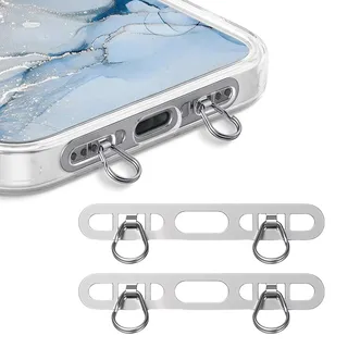 LunarCharm 2 Stück Metall Handy Kette Halterung Gilt für iPhone, Handy-Lanyard-Patch mit 2 Ringen, aus Edelstahl, Dünn Robust, verhindert Herunterfallen (Silber+Silber)