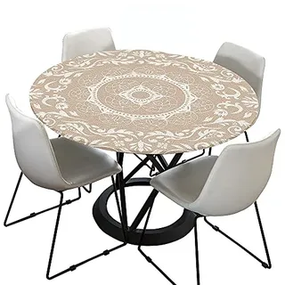 Morbuy Rund Tischdecke Elastisch, Jacquard Rund Tischdecken Wasserdicht Lotuseffekt Abwaschbar Abwischbar Tischtuch für Dekoration Küchentisch Garten Outdoor (Durchmesser 110cm,Beige)