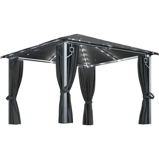 vidaXL Pavillon mit Vorhängen  3 x 3 m Aluminium anthrazit inkl. LED-Lichterkette