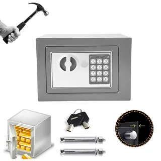 Elektronik Tresor Klein mit Schlüssel und Code, Wasserdichter Safe Tresor Möbeltresor mit Doppelbartschloss, 23x17x17cm Geldschrank Boden-Wandtresor Wandsafe für Zuhause, Büro, Schule, Hotel, Grau