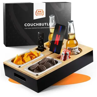 newhabitat Couchbar Snackbox aus Bambus Personalisierbar inkl. Geschenkbox | Sofa Tablett mit 2 Snackschalen, 2 Getränkehalter mit Untersetzer, magnetischer Deckel, Handyhalterung
