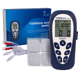 TENS Gerät Eco-Basics+IONTO mit LCD-Farbdisplay, 12 Programme gegen Schmerzen & Muskelverspannungen, inkl. 4 wiederverwendbaren Elektroden, tragbar, Schwarz