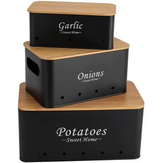 LKHDONG Kartoffel Aufbewahrungsbox 3er Set Vorratsdosen mit Bambusdeckel Küche Aufbewahrung für Kartoffeln Knoblauch Zwiebeln, Kartoffelbox Zwiebeltopf Schwarz