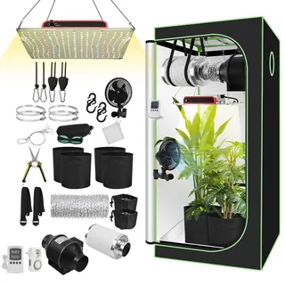 Ollewiellan Growzelt Komplettset 80x80x160cm mit 200W Flach LED Grow Lampe, Belüftungsset & Aktivkohlefilter, Vollspektrum Hydroponik