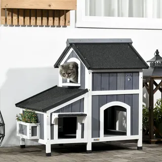 PawHut Katzenhaus Winterfest zweistöckig 96x65x85,5cm grau