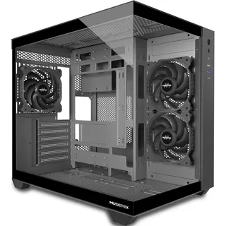 MUSETEX PC Gehäuse ATX, 3 Non-LED Lüfter vorinstalliert Gaming PC Gehäuse, 270° Full-View Tempered Glass PC Case mit Type-C, Mid Tower ATX Computer Gehäuse, Schwarz, Y6