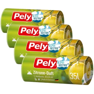 Pely Zugband Müllbeutel mit Zitronen Duft - Vorteilspack (4 x 12 Stück), gelb, für die Entsorgung von Restabfall (35 Liter) mit angenehmen Duft