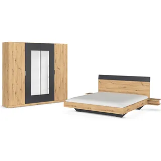 Rauch Schlafzimmer-Set "Monza", grau (eiche artisan, graumetallic), Bett 180x200cm + ohne Matratze, B/H: 180cm x 200cm, Bett 180x200cm, Holzwerkstoff, Schlafzimmermöbel-Sets, mit Drehtürenschrank Breite 226 cm, Bettanlage in 2 Breiten