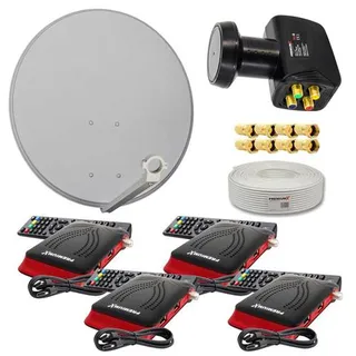 PremiumX Satelliten-Komplettanlage 4 Teilnehmer 60cm Antenne Hellgrau Quad LNB 50m Kabel 4x HD TV SAT-Receiver HDMI-Kabel