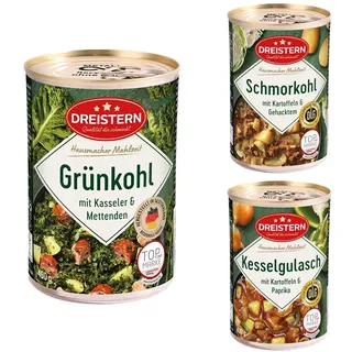 DREISTERN Hausmacher Mahlzeiten Probierpaket 6 Dosen à 400g | leckeres Fertiggericht mit Gemüse in der praktischen recycelbaren Konserve | Hausmacher Mahlzeit mit viel Fleisch und Gemüse
