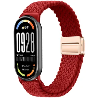 MokaZii Nylon Armband Kompatibel mit Xiaomi Smart Band 10 / Xiaomi Smart Band 9, Magnetisch Verschluss Elastisch Stoff Sport Nylon Adjustable Armbänder für xiaomi mi band 10/9 / 8 (Rot)