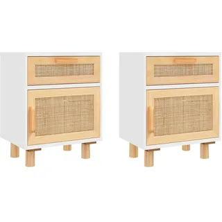 vidaXL Nachttische 2 Stk. Weiß Massivholz Kiefer und Natur-Rattan