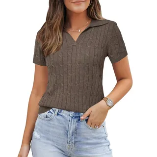 Arach&Cloz Poloshirt Damen Wollmischung Poloshirt Kurzarmpullover Strickpullover Volltonfarbe V-Shirt Tops Business Casual Kurzarmshirt Wollpullover braun M