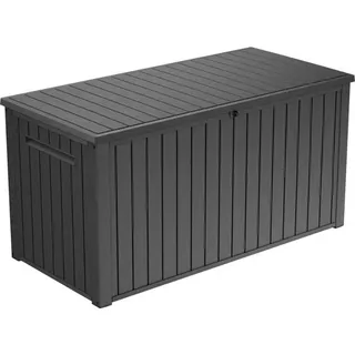 Keter Southwood Gartenbox 643L – Wetterfeste Auflagenbox mit Gasdruckfeder, abschließbar, Kunststoff in Holzoptik, grau, 146x74x70 cm