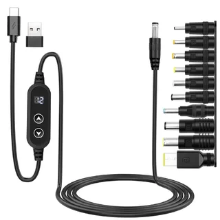 Dexumodbk PD & USB auf DC Adapterkabel - 5V/9V/12V/15V/20V Einstellbare Spannung, USB-C auf DC 5.5x2.1mm Kabel mit 10 DC Steckern + Typ-C auf USB Adapter- Geeignet für Laptops, Router & mehr (1M)