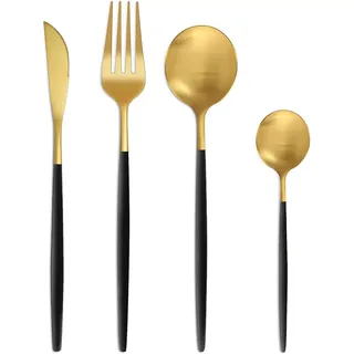 Bestdin Besteck Set 6 Personen, 24 teilig Besteck Schwarz Gold Matt, Essbesteck Set mit Messer Gabel Löffel, Spülmaschinenfest, Hochwertiges Edelstahl Besteckset