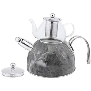 Zellerfeld Trendmax Düdüklü Caydanlik Takimi Teekocher 3 Liter + 600ml Teekanne aus Glas 18/10 Edelstahl Dampf-Pfeife mit Henkel Motiv 2