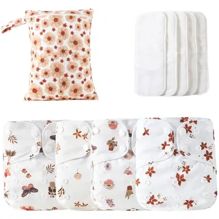 Wiederverwendbare Windeln für Babys – verstellbare waschbare Babywindeln | Wiederverwendbare Windel mit Einsätzen, 4 x saugfähige und atmungsaktive Einlagen, wasserdichte Decke mit 4 Einsätzen und 1