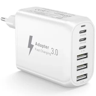 USB C Ladegerät Mehrfach, 6 Port 60W Netzteil USB C Stecker Power Adapter Ladestecker Schnellladegerät Ladeadapter Handyladegerät Multi USB Charger für iPhone 17 16 15 14 13 12 11 Pro Max/iPad/Samsung