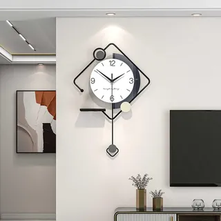 Modern Wanduhr Groß Minimalistisch Stilvolle Dekorative Wanduhren Metallrahmen + Zifferblatt aus Holz Wanduhr ohne Tickgeräusche mit Ablagetisch für Wohnzimmer Schlafzimmer Büro Küche, 36*54 cm