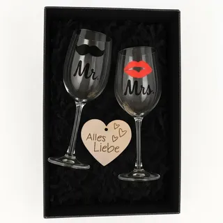 Hochzeitsgeschenk für Brautpaar – 2 Weingläser „Mr & Mrs“ 360 ml mit Gravur, Holzherz „Alles Liebe“, Geschenkbox Hochzeit Geschenkidee