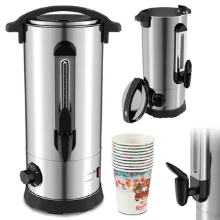 Cecaylie 10 L Glühweinkocher, Glühweinkessel Heißgetränkeautomat Silber, inkl. 10 Tassen, mit Thermostat, Zapfhahn, Füllstandsanzeige, Silber