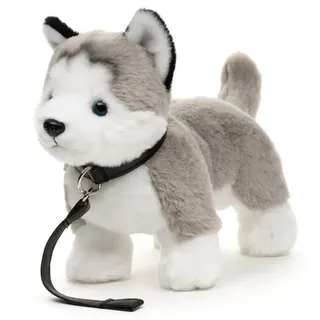 Uni-Toys Kuscheltier Husky grau, stehend - Mit/ohne Leine - 30 cm (Länge) - Plüschtier, zu 100 % recyceltes Füllmaterial Mit Leine