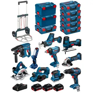 BOSCH Professional Kit 18V BK1002 (GST 18V-LI S+GKS 18V-LI+GBH 18V-21+GWS 18-125V-LI+GSR 18V-55+GSA 18V-LI C+GDX 18V-180+GLI 18V-300+GHO 18V-LI+GSS 18V-10+3 Batterien 5,0Ah+Ladegerät+8xL-Boxx+Caddy)