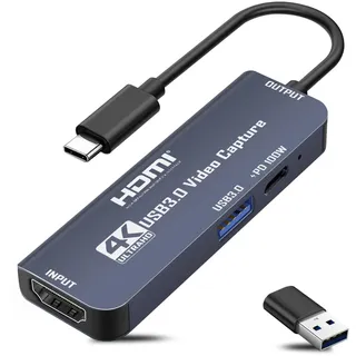 USB 3.0 Video Capture Card with 100W Power Supply & 3.0 Port,4K HDMI to USB C/USB A Capture Card, for Live Streaming, Gaming, Video Audio Recorder, 1080p 60hz Grabber Compatible with Camera