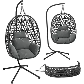 STEELSØN Sarin Hängesessel mit Gestell – Hängestuhl Rattan Outdoor & Indoor mit Kissen – Hängekorb Schwarz – Gartenschaukel für Erwachsene & Kinder – Korbhängesessel faltbar – Hanging chair bis 150 kg