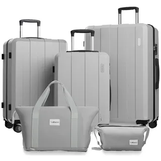 VALLSERO Trolleyset Koffer-Set( M,L,XL) Hartschalen-Koffer, Rollkoffer 5-teiliges Set, Handgepäck 4 Rollen, ABS-Material, Schwarz/Pink grau